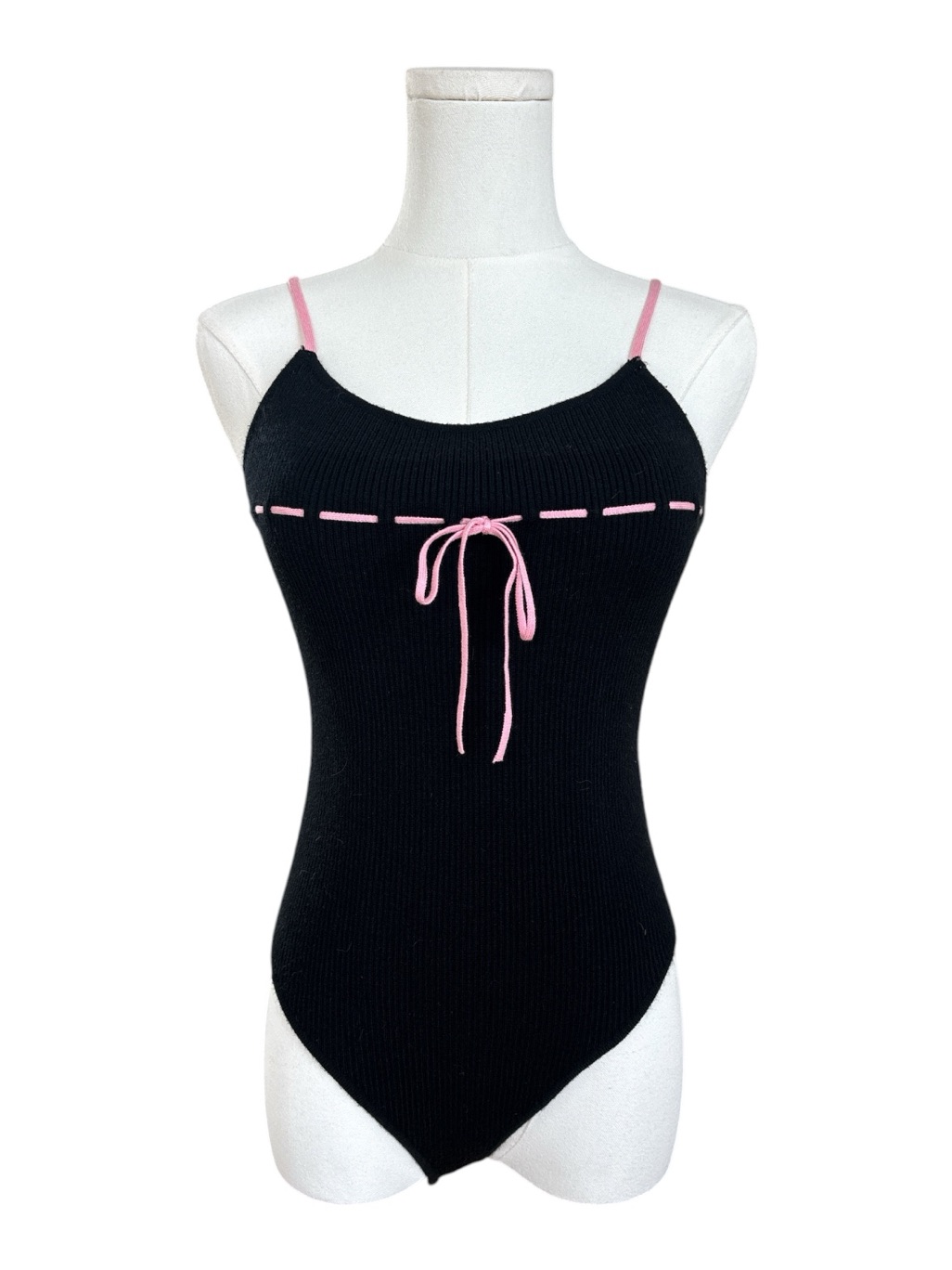 Bsc1 Black Ribbed Knit Bodysuit With Pink Trim Size Small